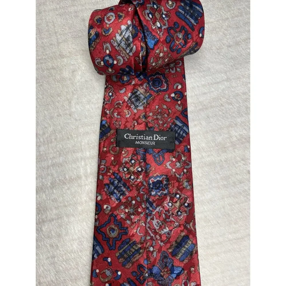 Christian Dior Monsieur Neck Tie Red & Blue Geometric 3.5”W x 57”L USA Made